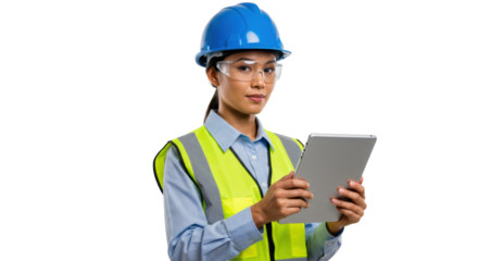 Mid-30s mixed-race woman in blue shirt, hard hat, safety vest, holding tablet, confident eye contact, white studio. Concept of industrial safety and efficiency