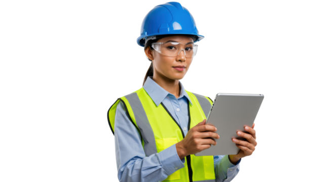 Mid-30s mixed-race woman in blue shirt, hard hat, safety vest, holding tablet, confident eye contact, white studio. Concept of industrial safety and efficiency