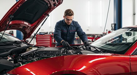 Mechanic Inspecting Car Engine in Auto Repair Workshop.