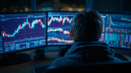 Young investor analyzing financial data on multiple monitors, focused on stock market trends and trading strategies in modern office at night, displaying determination and concentration