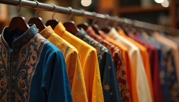 Collection of traditional Indian men kurta garments displayed on hangers in retail shop. Featuring vibrant cotton textiles with intricate patterns in blue, yellow, red hues, ethnic fashion, cultural