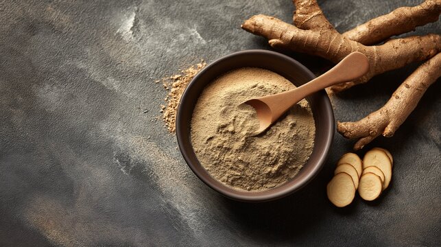 Rhodiola powder in small ceramic dish with wooden spoon, fresh rhodiola root and slices on dark textured background, natural supplement, earthy mood