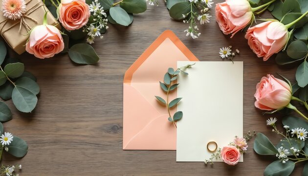 Elegant wedding planning setup features invitations, flowers, rings, notebook on wooden table. Romantic flat lay bridal stationery, floral arrangement, essential elements for marital event