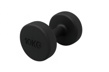 Black dumbbell showing 10 kilograms on transparent background for fitness training