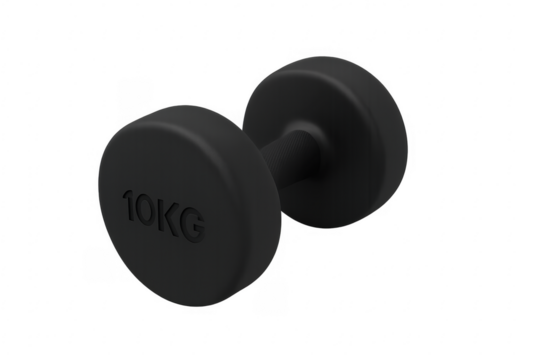 Black dumbbell showing 10 kilograms on transparent background for fitness training