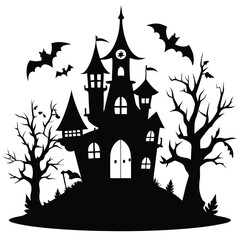 Silhouette of Spooky Halloween Castle with Bats and Bare Trees on Hilltop