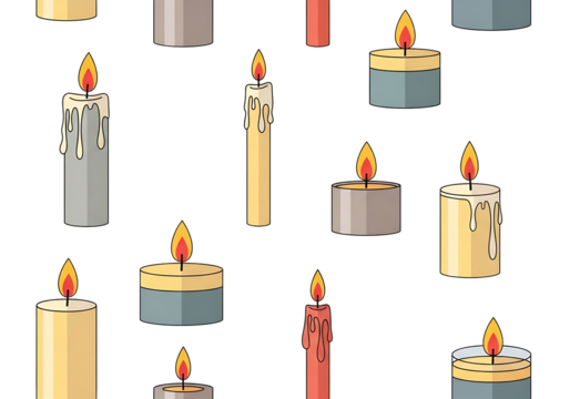 A repeating pattern of various candles in different colors, depicting a simple, yet visually appealing, design.