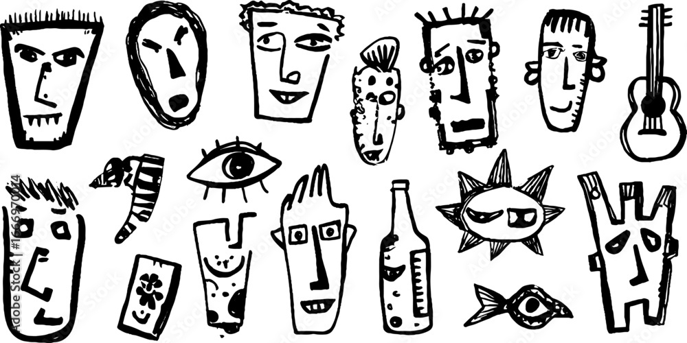 Poster abstract collection of hand drawn fragmented faces and objects for creative design