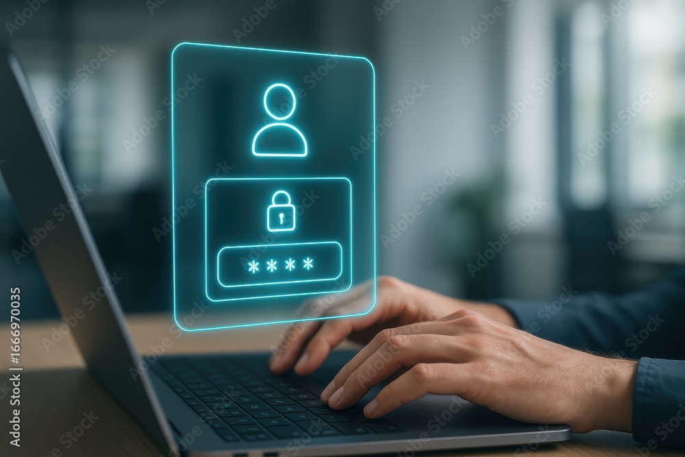 Poster secure login: a focused individual engages in a secure login process on a laptop, underscored by a f