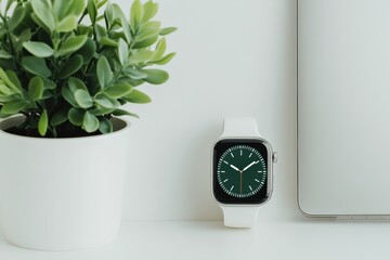 Modern smart watch with white strap showing time, next to a plant and a laptop on a white desk, representing connection, technology, and work life balance