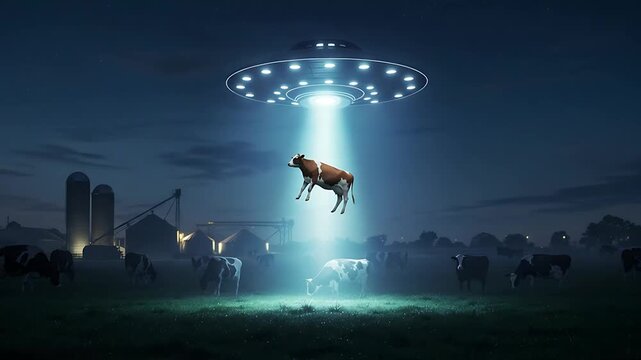 Humorous Cow Abduction Scene: UFO Beams Up Livestock in a Surreal Nighttime Farm Landscape