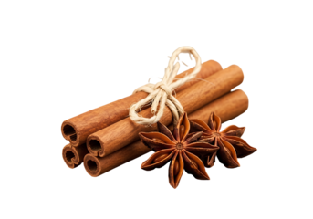 A close-up of cinnamon sticks tied with twine, alongside star anise, on a pure black background, showcasing the warm tones and texture of the spices.