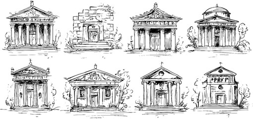 Obraz premium Hand drawn collection of decorative greek temples for artistic design