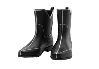 Stylish black rubber boots with silver accents, presented against a dark backdrop.