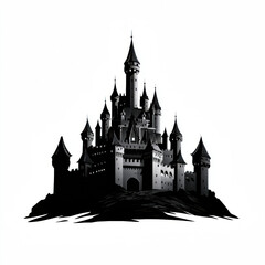 Obraz premium Majestic black and white castle silhouette showcasing medieval fortress architecture fantasy-inspired design historic landmark and scenic landscape for travel and tourism