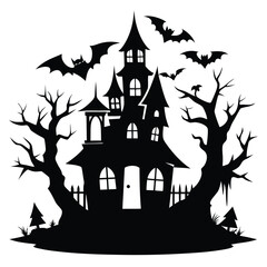 Silhouette of Spooky Haunted House with Bats and Trees Halloween Illustration