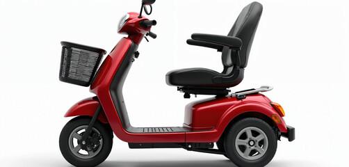 Red mobility scooter with basket, padded. Electric powered personal transport vehicle for elderly, seniors disabled individuals. Modern design offers convenience, independence for users. Isolated on