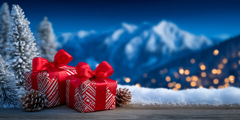 Wrapped gifts resting on snow with a winter landscape and lights, symbolizing anticipation gratitude and holiday celebration for greeting cards seasonal campaigns and travel mood.
