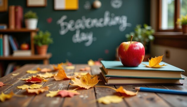 Teacher desk apple and books with autumn fallen leaves, scattered stationery, rustic classroom vibe, photo realistic clarity, high resolution, clear detail composition.