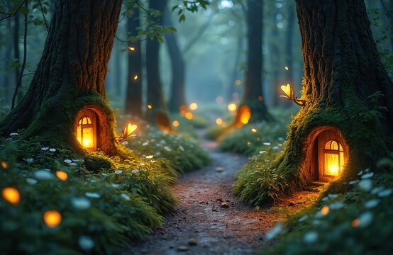Enchanting fairy forest path lined with glowing lights, tiny homes built into moss-covered trees. Delicate white flowers, green grass flank winding pathway, creating mystical, serene, dreamy fantasy - Powered by Adobe