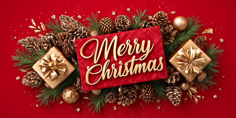 Merry Christmas card surrounded by gifts pinecones and evergreen branches conveying gratitude generosity and seasonal celebration.
