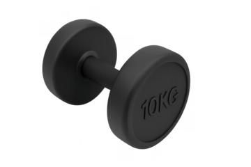 Black dumbbell showing 10 kilograms on transparent background for fitness training
