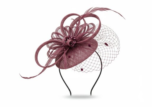 Elegant wine colored sinamay fascinator with decorative feathers and veil