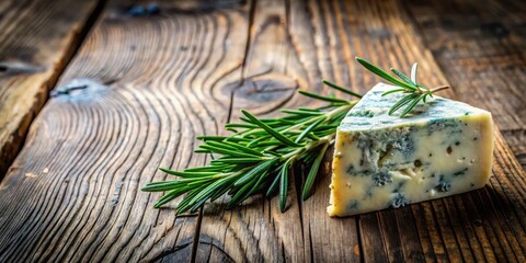 A wedge of creamy blue cheese rests on a rustic wooden surface, adorned with a sprig of fresh rosemary.