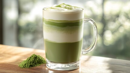 Matcha latte glass mug with layered green and white foam placed near a window with soft light