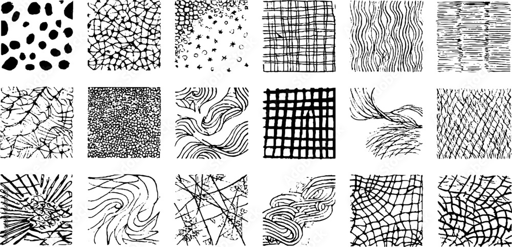 Poster hand drawn decorative patterns set with paint splashes for design and creativity