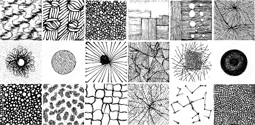 Aufkleber set of hand drawn decorative patterns featuring planets and abstract designs for creative projects