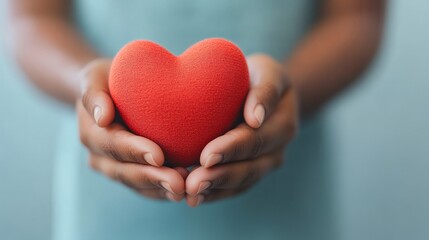 Closeup of hands gently holding a vibrant red heart, representing deep love, compassion, and the essence of healthcare and support