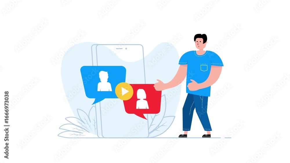 Poster man sending video message on smartphone with white and green screen background