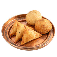 Samosa and kachori on a copper plate isolated on transparent background  
