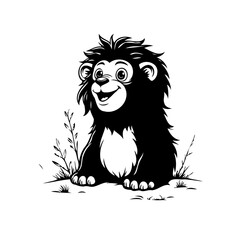Playful black and white cartoon forest creature character illustration amidst stylized foliage