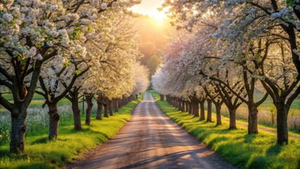 Serene Springtime Pathway Lined with Blossoming Trees at Sunset