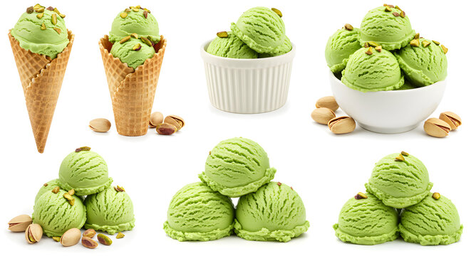 Delicious Pistachio Ice Cream Scoops Cones Bowls Perfect for Summer Treat Refreshing Dessert Food Photography