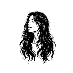 Serene woman portrait artwork displaying long wavy hair and relaxed expression rendered in stark