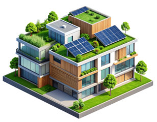 IIsometric Style Eco-Friendly Apartment Complex with Green Roof and Solar Panels, Isolated PNG