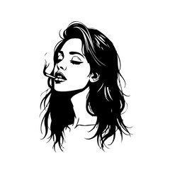 Silhouette of a woman with flowing hair elegantly smokes cigarette creating a vintage stylized
