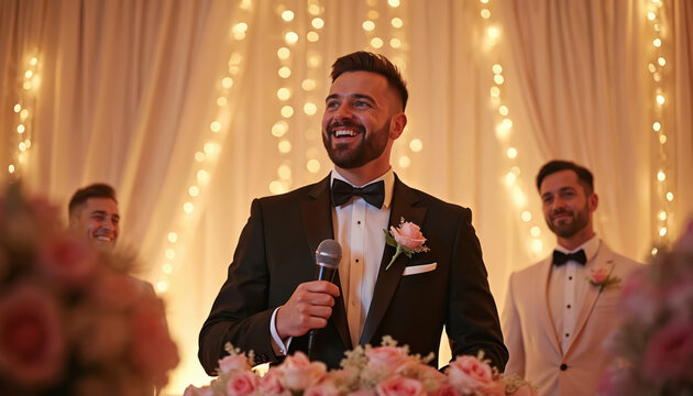 Wedding MC hosts reception from stage with microphone. Lively gestures entertain guests in elegantly decorated hall. Charismatic host connects with crowd, ensuring joyful celebration with music,