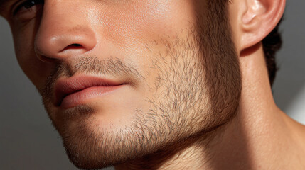 Obraz premium Close up of man profile with perfect even skin and light facial hair in studio lighting showing natural texture and healthy complexion
