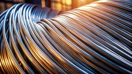 Close-up of a large coil of gleaming metallic wire, reflecting light in a warehouse setting