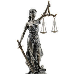 Fototapeta premium Premium, intricately detailed Lady Justice statue, blindfolded, polished silver metal, scales, sword, against transparent studio background with soft lighting, concept of justice and legal