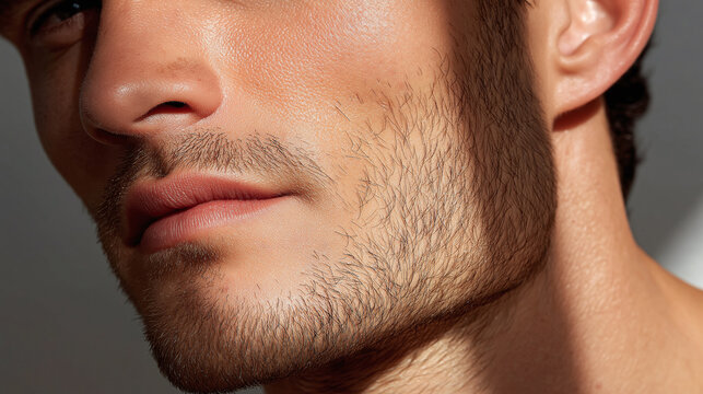 Close up of man profile with perfect even skin and light facial hair in studio lighting showing natural texture and healthy complexion
