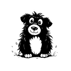 Stylized fluffy cartoon dog drawing in black and white adorable friend canine illustration vector