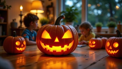 Halloween decorations kids classroom teacher carving pumpkin on desk, children watching amazed, photo realistic clarity, high resolution, clear cozy sharp detail.