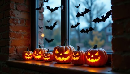 Halloween decorations kids classroom window decorated with bats, pumpkins on sill, kids pointing, photo realistic clarity, high resolution, clean sharp composition.