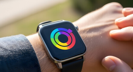 Doughnut Chart Mockup: Smartwatch on a person's wrist, displaying a doughnut chart with colorful concentric rings. The background is an outdoor environment. HD, high quality, photorealistic.