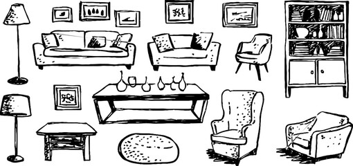 Fototapeta na wymiar Set of hand drawn decorative sofas and furniture with cushions for interior design inspiration